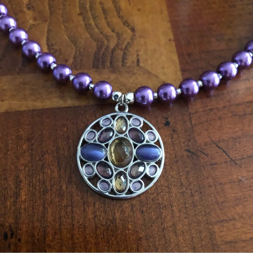 Handcrafted repurpose multi tone stone pendant Czech glass Pearl necklace